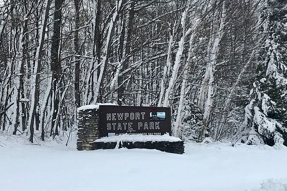 The Newport State Park Sign, covered in snow, with a snow-covered stand of trees in the background.