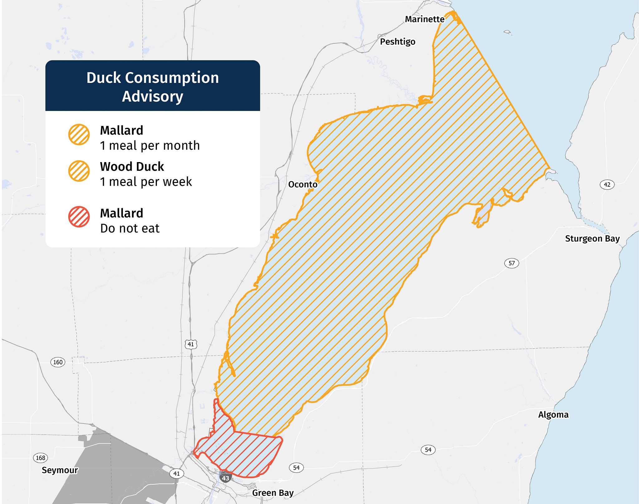 A map showing two shaded regions in the Bay of Green Bay, one red and one orange, corresponding to different consumption advice. A key titled "Duck Consumption Advisory" shows the specific consumption advice for each shaded region.