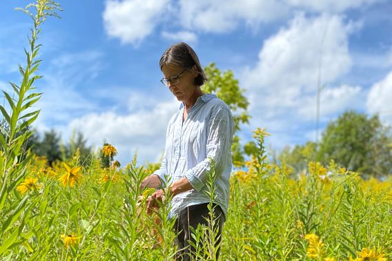 A woman standing in a field of tall grasses and flowers.