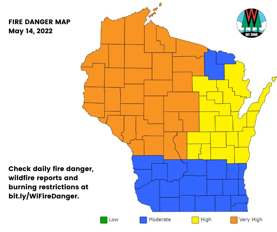 Map of fire danger in Wisconsin on May 14, 2022.