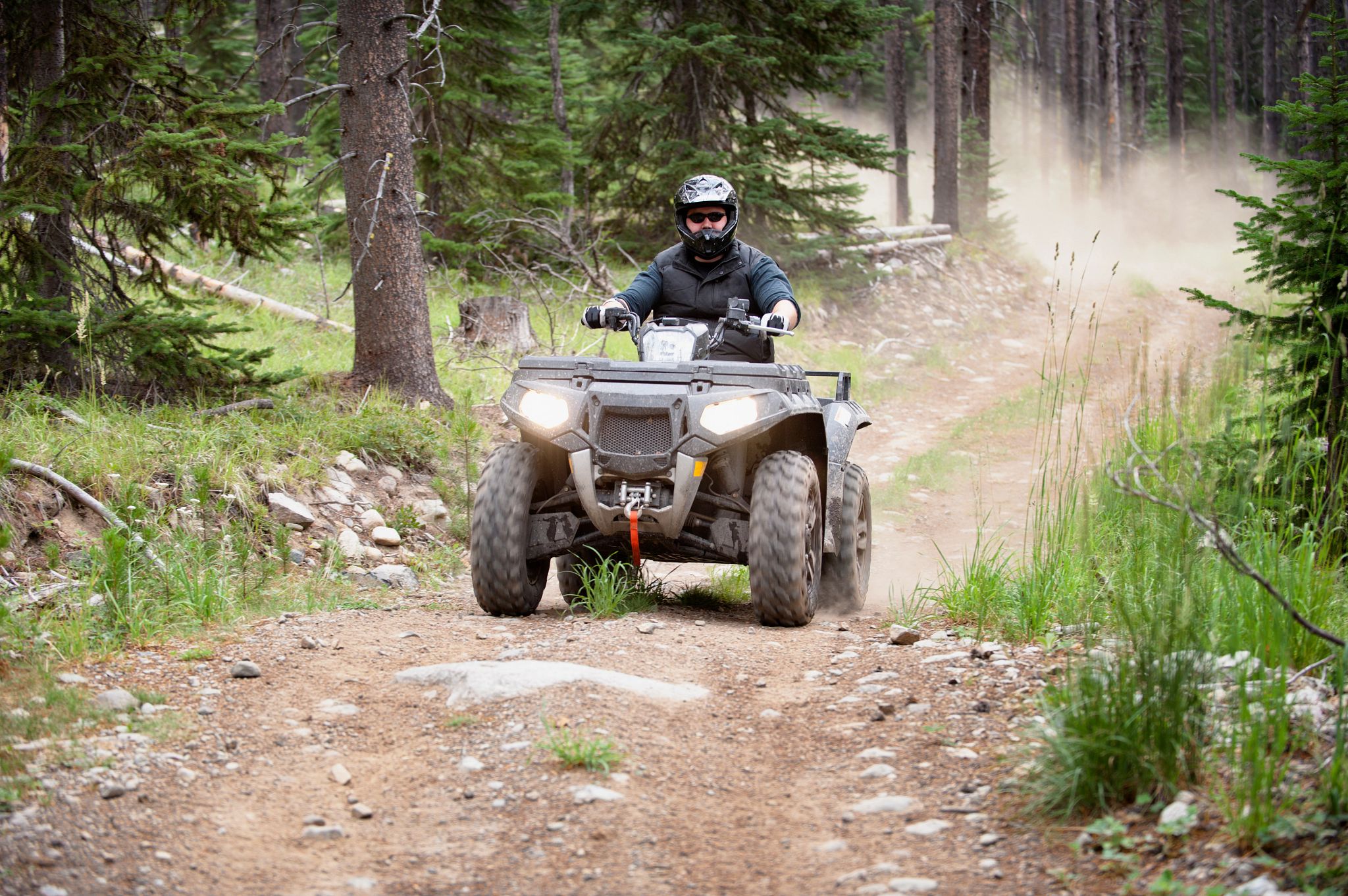 An image of a person riding an ATV on a dirt road in a forest. 