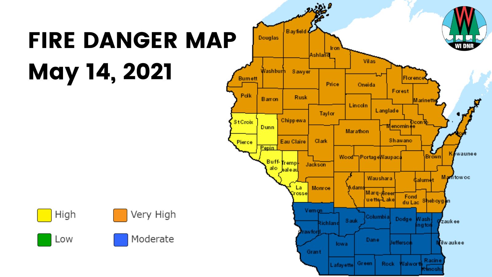 A graphic displaying a map of Wisconsin's fire danger. 
