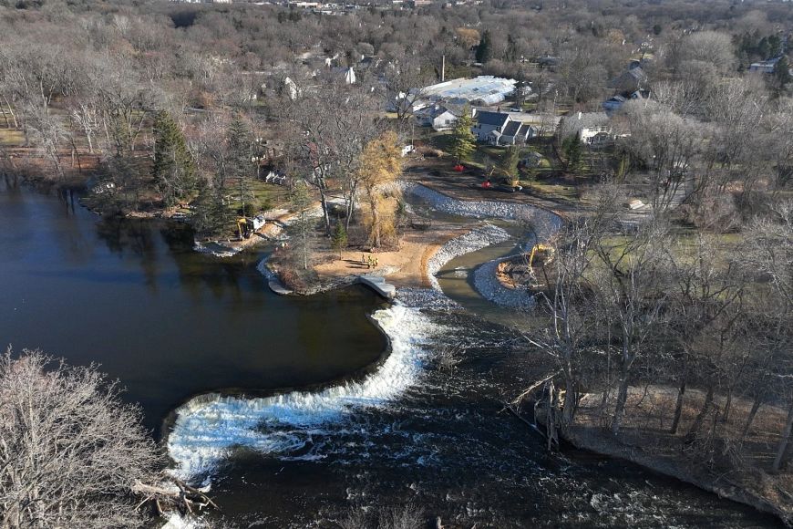 An aerial view of the Milwaukee River at the Kletzsch Park Dam and fish passage