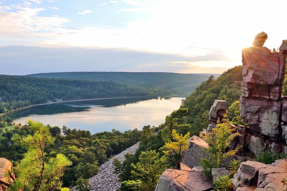 Areal view on the South Shore Beach And lake from Rocky Ice Age Hiking Trail during sunset.