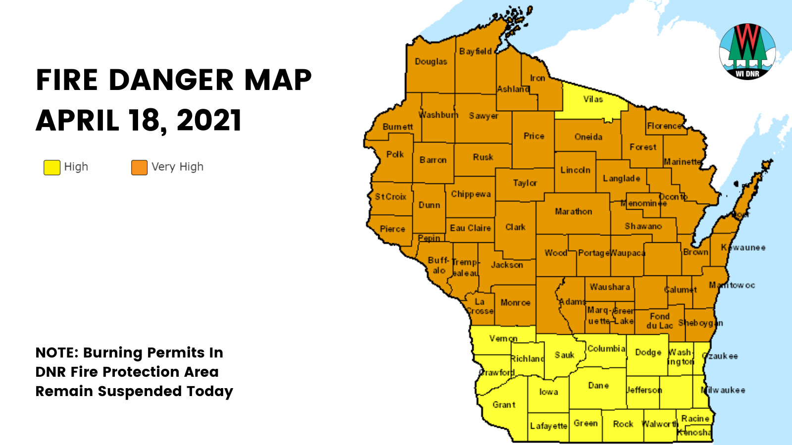 A map of Wisconsin showing fire danger. 