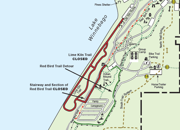 Map showing in red the current trail closures that include the entire lime kiln trail, and the stairway and section near the lime kiln trail of the red bird trail.