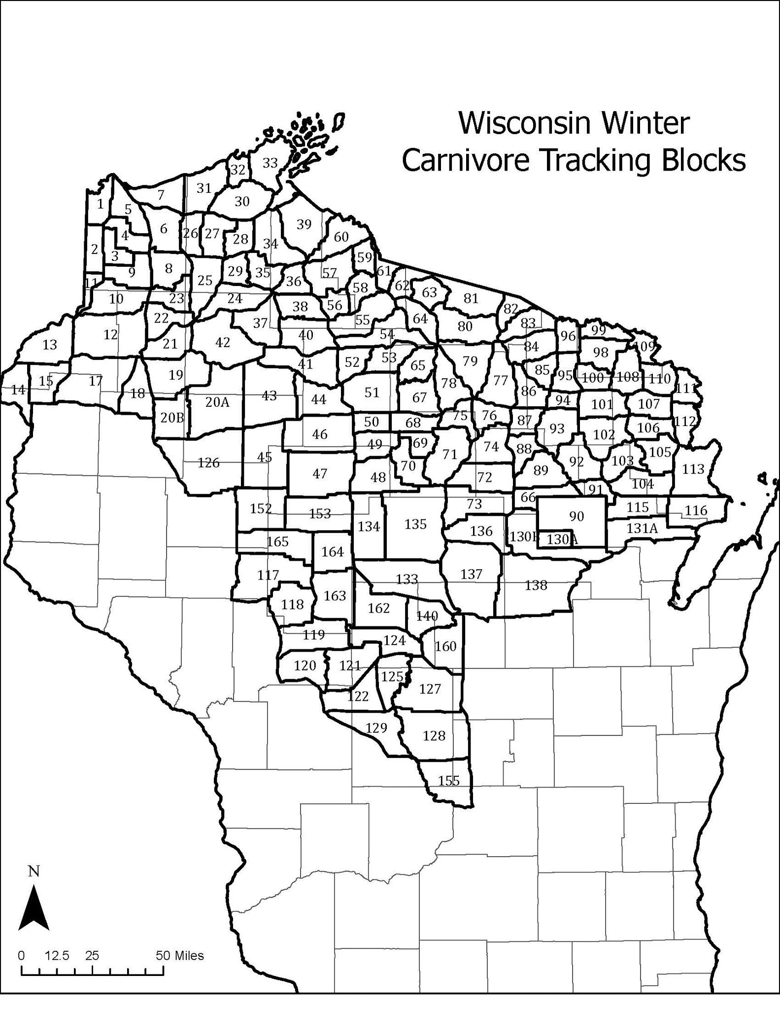 This Wisconsin map shows the Wisconsin Winter Carnivore Tracking Blocks for the state of Wisconsin. Each Block is numbered throughout the state.