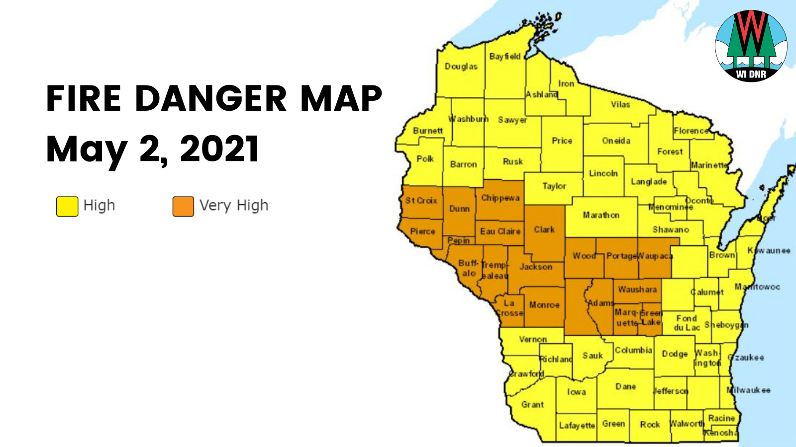 A map of HIGH and VERY high fire danger across Wisconsin for May 2, 2021.