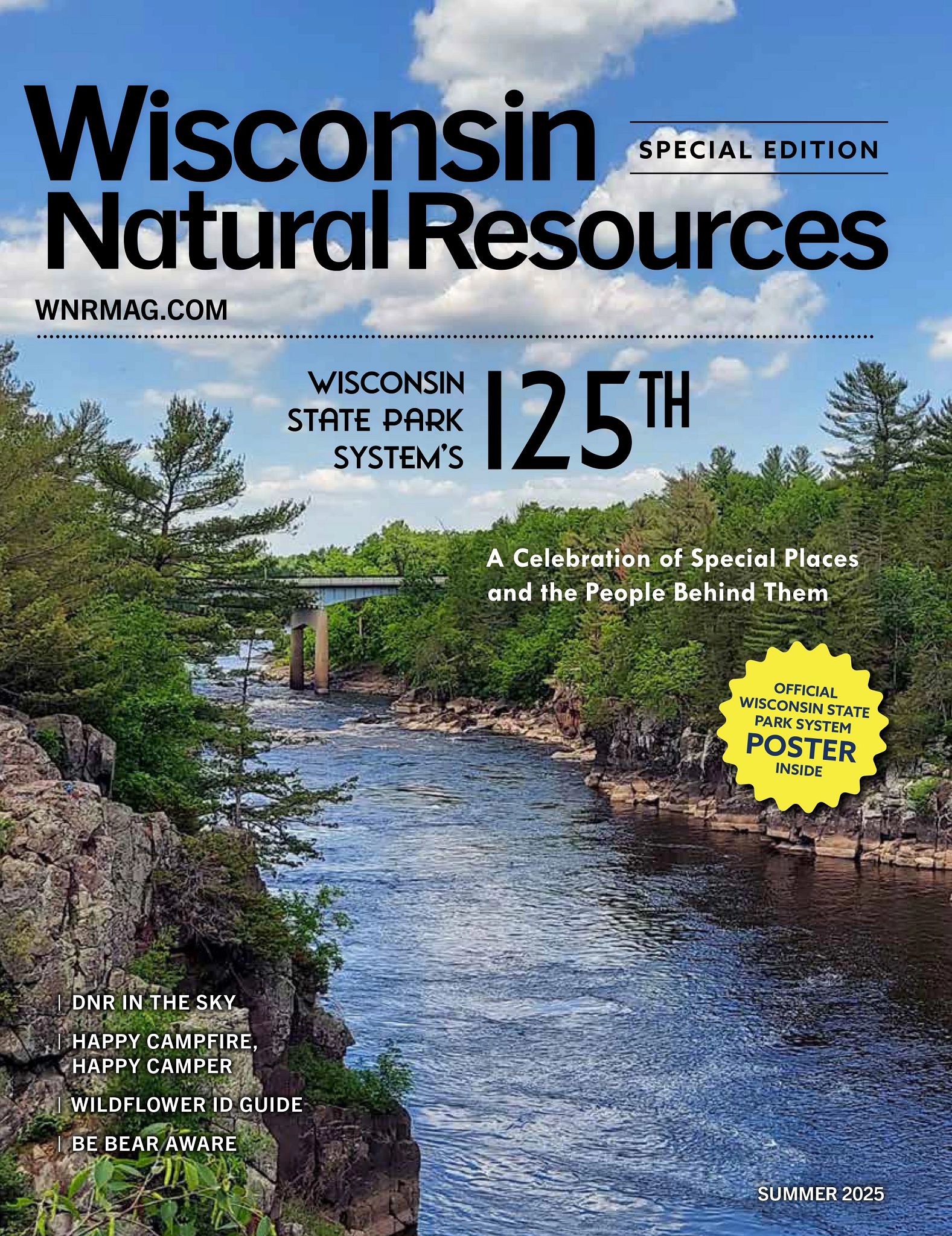 Cover of "Wisconsin Natural Resources" magazine, special edition celebrating the 125th anniversary of Wisconsin State Parks. Features a scenic image of a river flowing between lush, tree-lined banks under a clear blue sky. Text highlights include links to