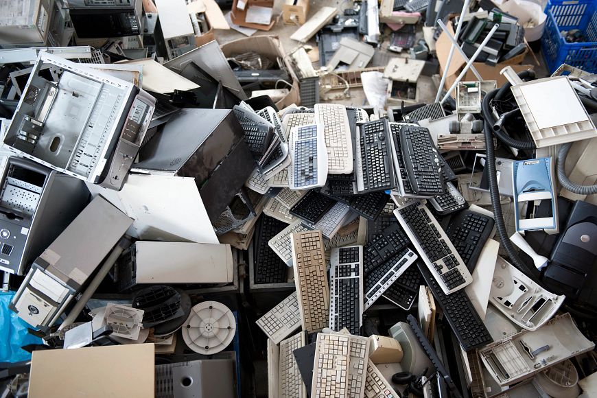"Obsolete computer electronics equipment for recycling, like old computer keyboards, computer towers and printers.