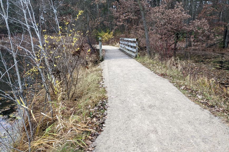 An accessible bridge crossing over a creek at Hartman Creek State Park in the woods
