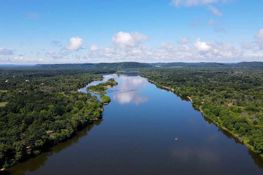 A view of the Wisconsin River in the summer from above via drone.