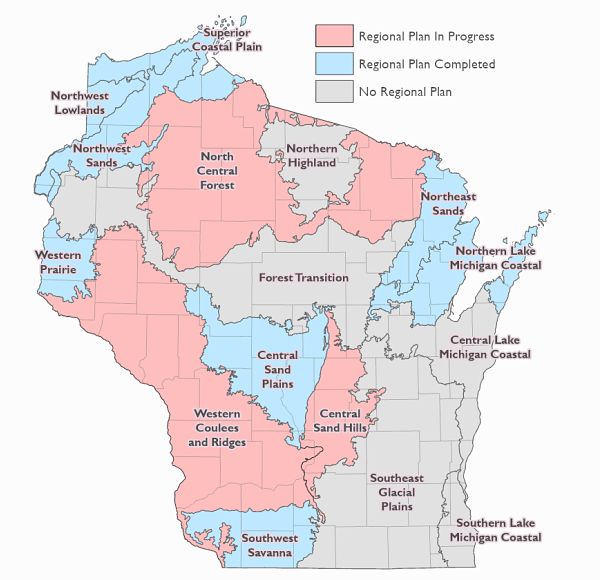 Map depicting planning status of Wisconsin's ecological landscapes