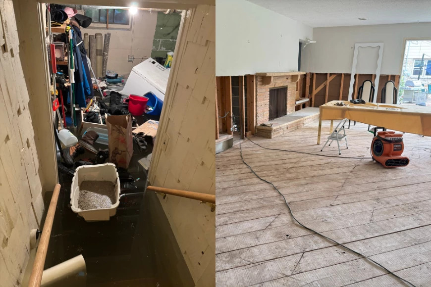 collage with flooded basement on the left and a renovated main floor after flooding on the right