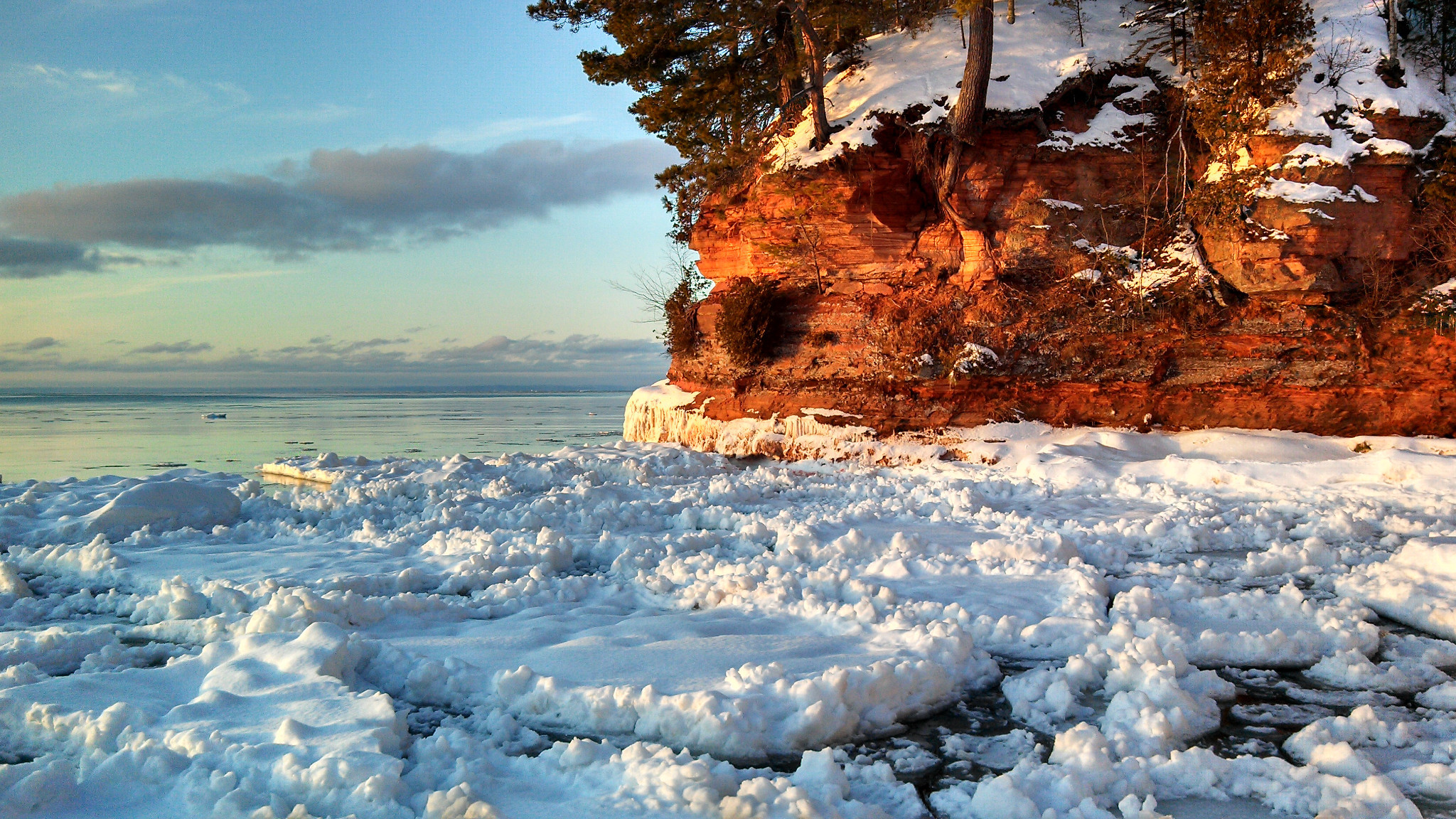 Ice buildup along a cliff on a Wisconsin shore.