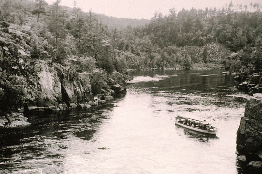 a historic image of Interstate Park overlooking rocky areas on the St. Croix River.