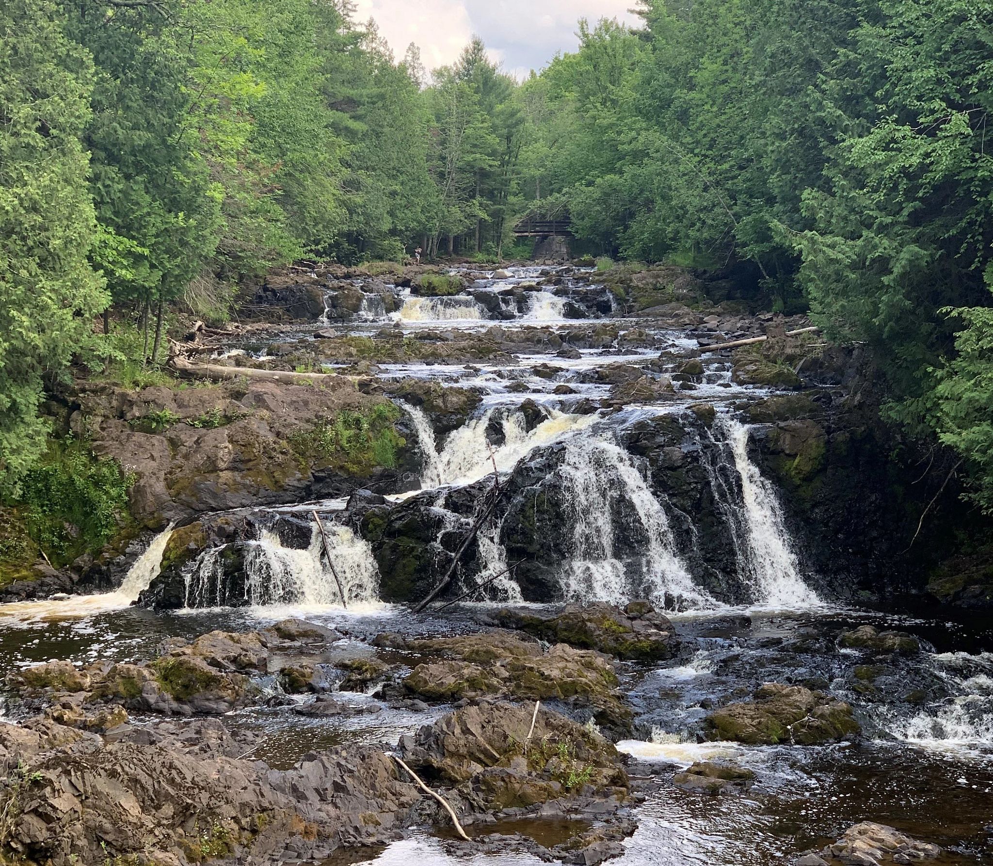 Water rushing down Copper Falls surrounded by a green forest