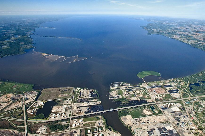 An aerial view of the mouth of the Fox River, where it meets Green Bay. 