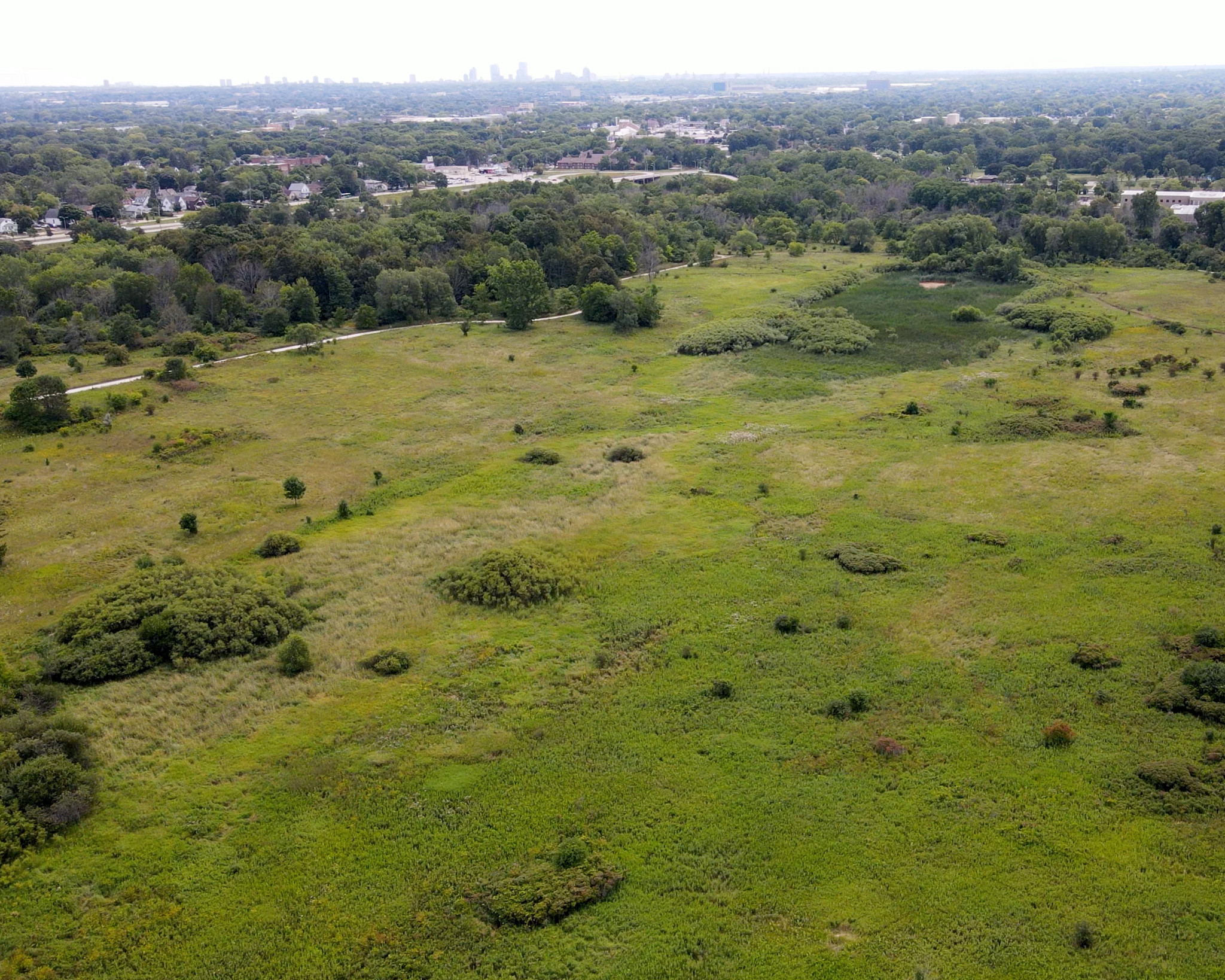 An aerial view of Havenwoods State Forest in summer. 