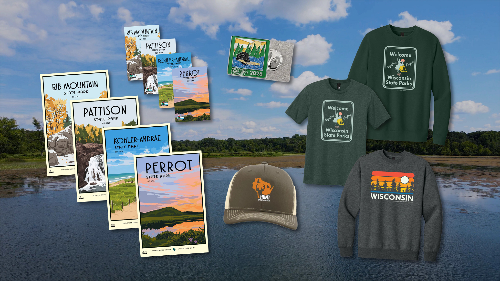 A collage showing Wisconsin DNR-branded merchandise, including apparel, posters and magnets of state parks, and a hat and pin.