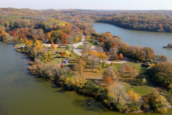 An aerial view of the Pike Lake Unit of Kettle Moraine State Forest in fall. 