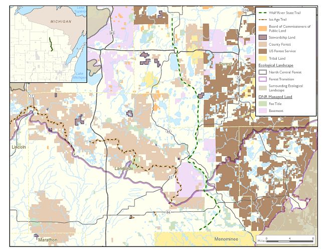 Overview map depicting location of the Wolf River State Trail in a regional context