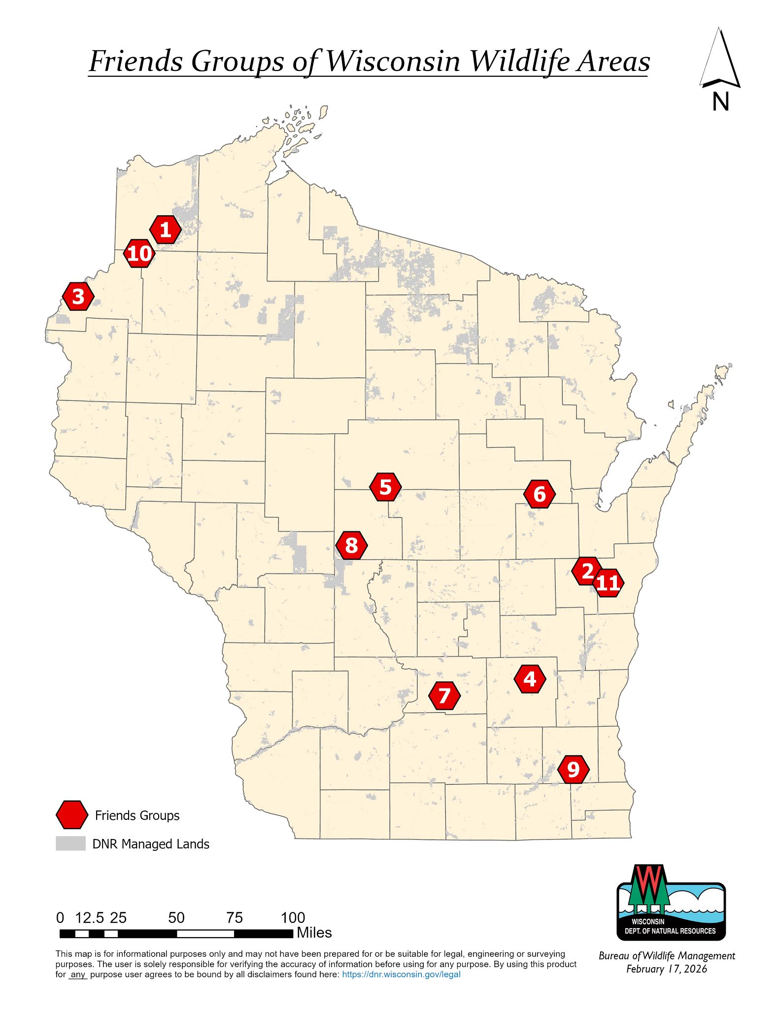 The image is a map of Wisconsin, detailing various Friends Groups. The red hexagonal markers indicate location of Friends Groups in Wildlife Areas. Labels inside the markers number each location. The map features navigation elements such as a compass rose in the top-right corner and a scale bar in the bottom-left. A legend in the lower-left corner explains the marker colors and indicates public lands.
