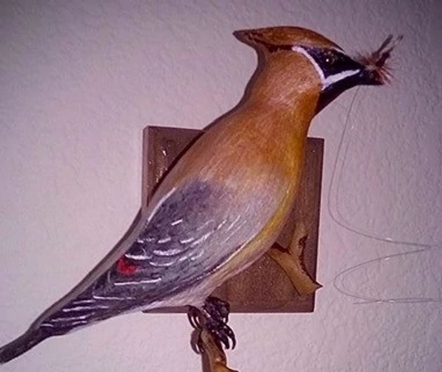 Wood carving of cedar waxwing with fly in its mouth