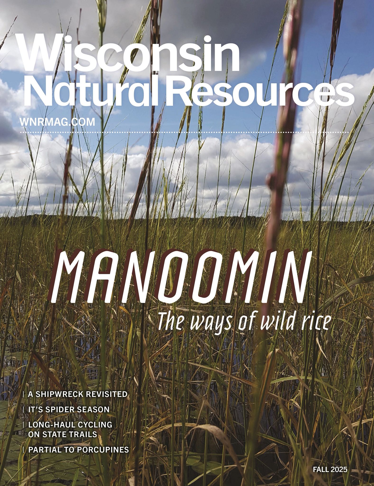front cover of fall Wisconsin Natural Resources magazine that shows wild rice in a lake and the words, "Manoomin, the ways of wild rice."