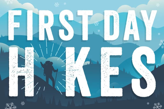 An image of a hiker on silhouetted mountains that reads, “First Day Hikes” with the hiker forming the "i" in hikes.
