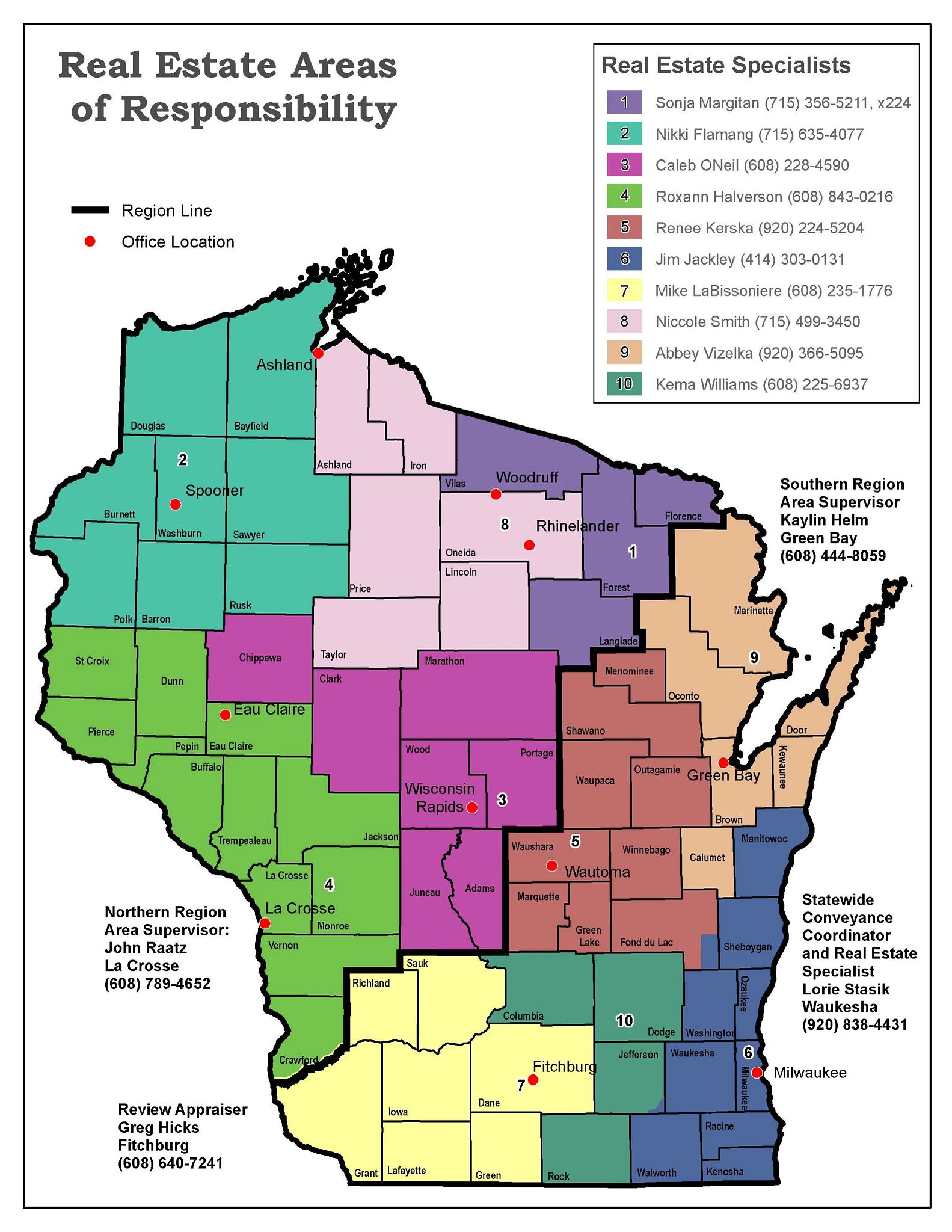 The map depicts the areas of responsibility for real estate professionals across Wisconsin. Different regions are color-coded to indicate specific responsibilities, with numbered legends corresponding to real estate specialists and their contact details. Red dots mark the locations of real estate offices. The map also highlights areas with agent vacancies, shown with diagonal stripes. Additional information includes the names and phone numbers of regional supervisors.