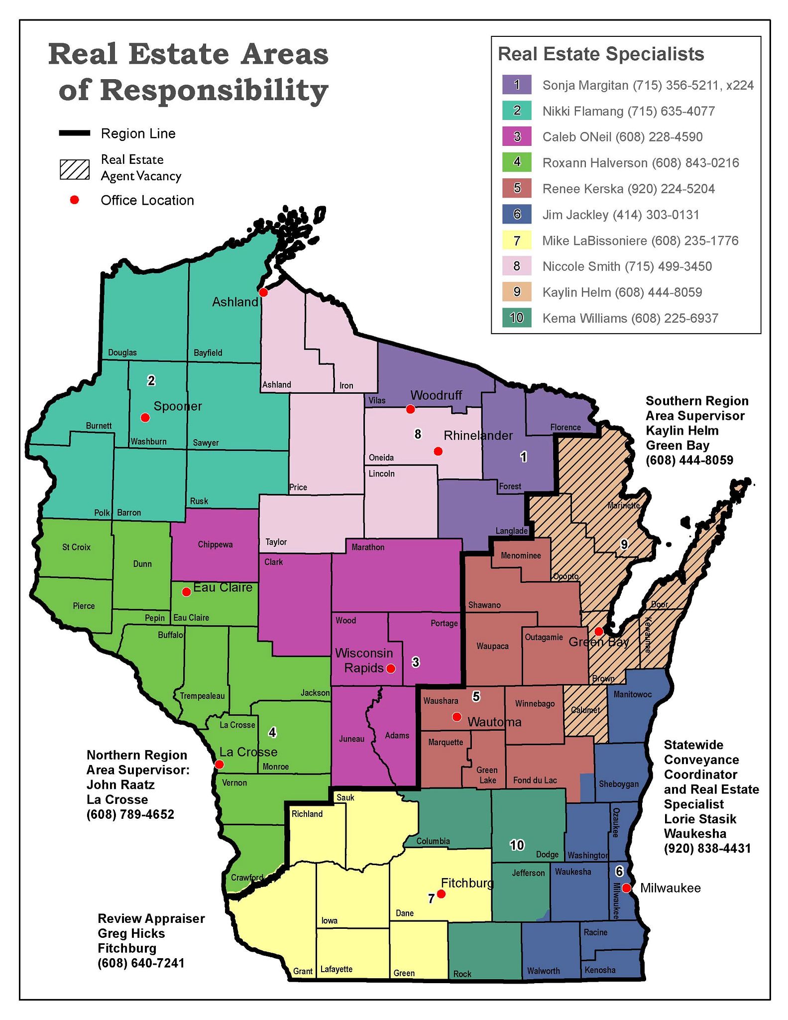 The map depicts the areas of responsibility for real estate professionals across Wisconsin. Different regions are color-coded to indicate specific responsibilities, with numbered legends corresponding to real estate specialists and their contact details. Red dots mark the locations of real estate offices. The map also highlights areas with agent vacancies, shown with diagonal stripes. Additional information includes the names and phone numbers of regional supervisors.