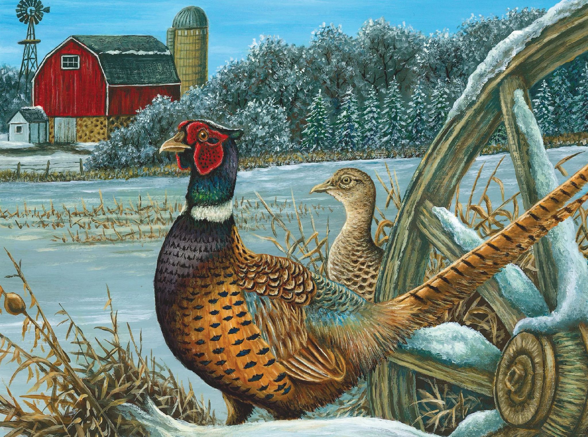 Last year's winning design for the pheasant stamp featuring a male pheasant and female pheasant in front of a red barn in the winter.