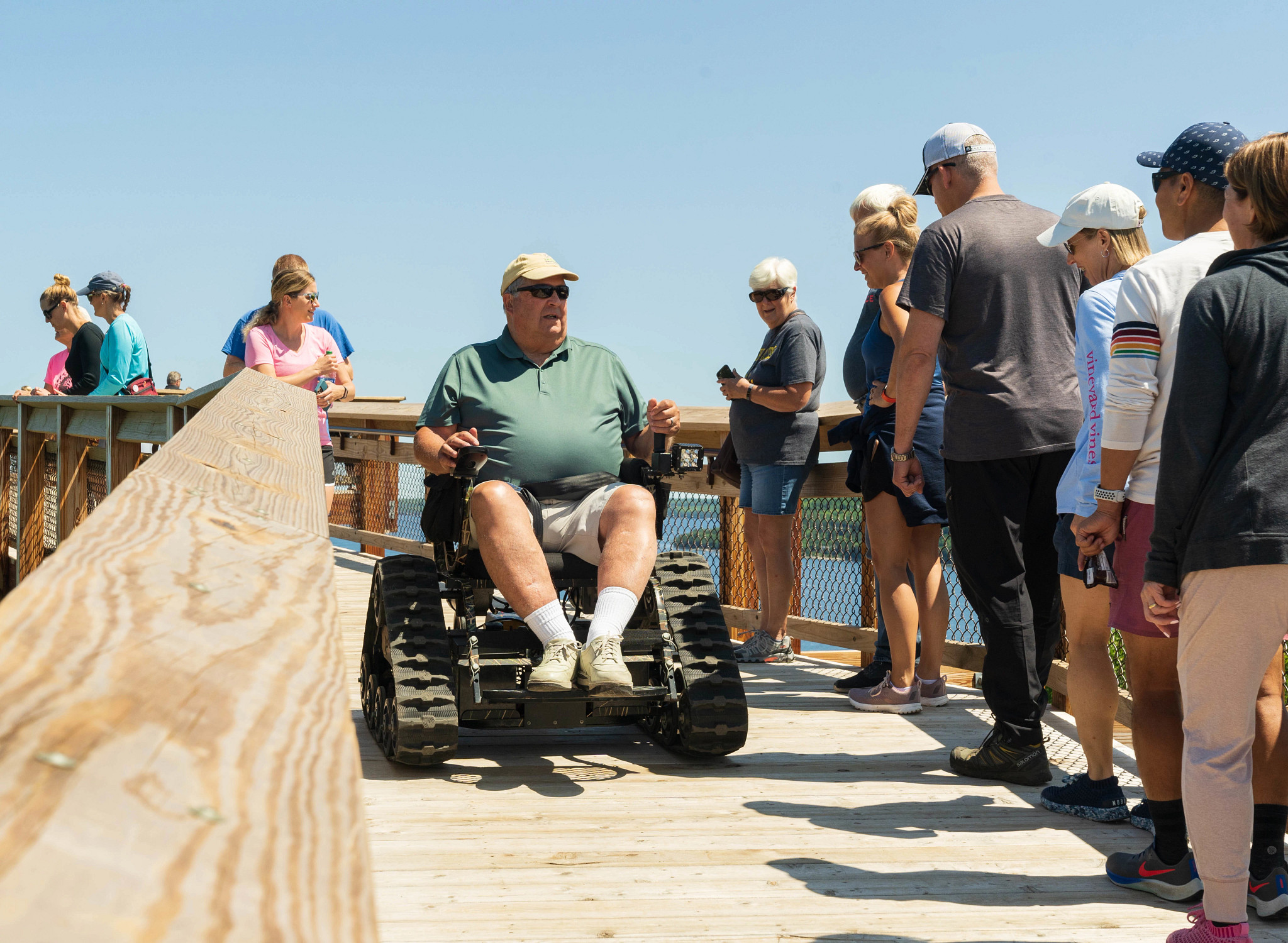 A man uses an all-terrain wheelchair at Eagle Tower. 