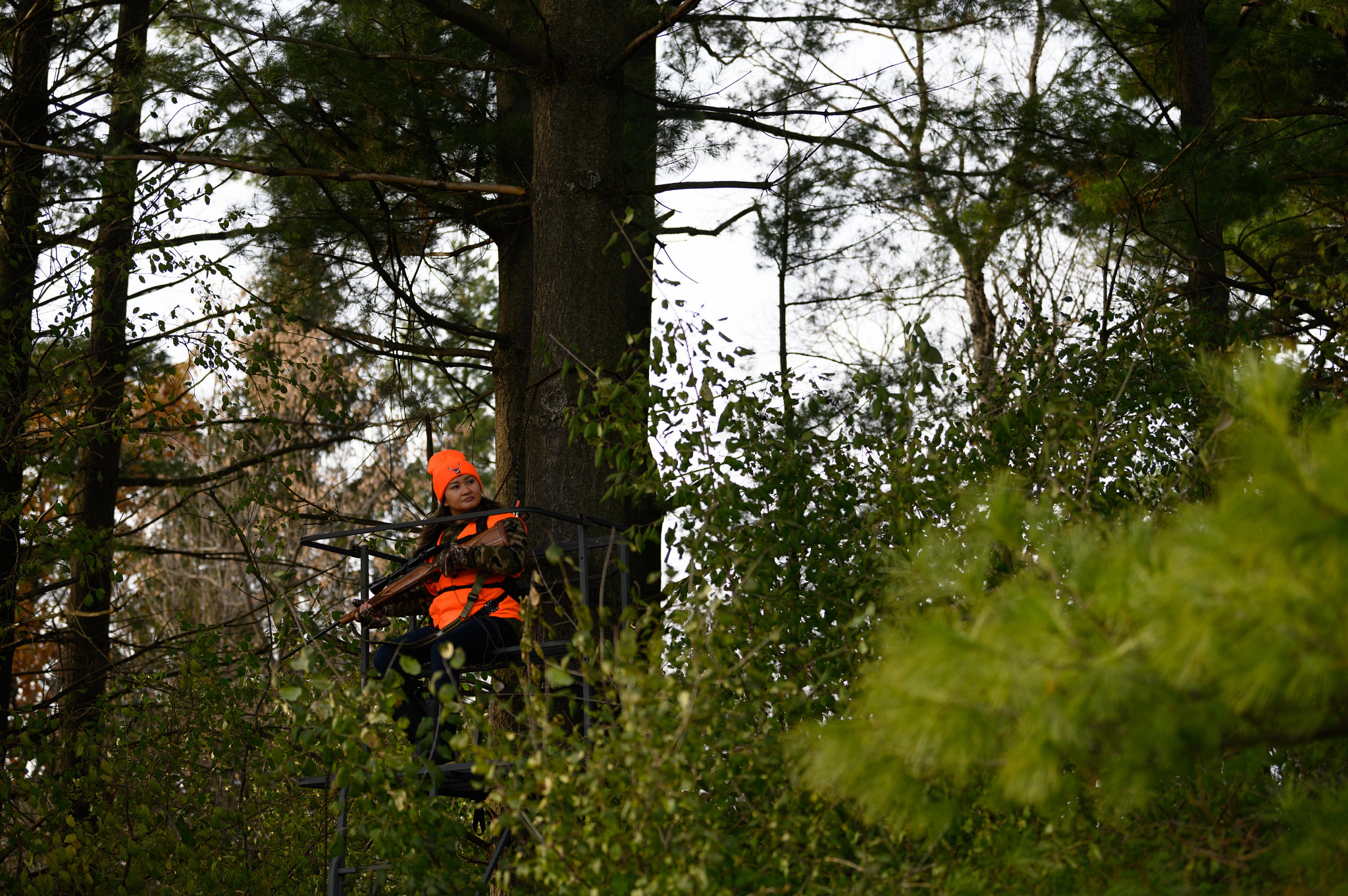 woman wearing blaze orange sitting in tree stand in the woods