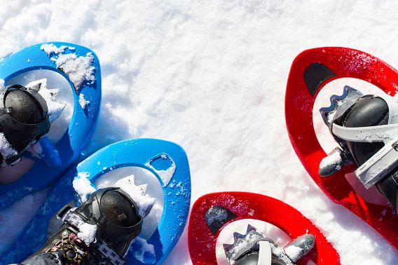 A closeup of two pairs of snowshoes on the snow, with a blue pair on the left and a red pair on the right. 