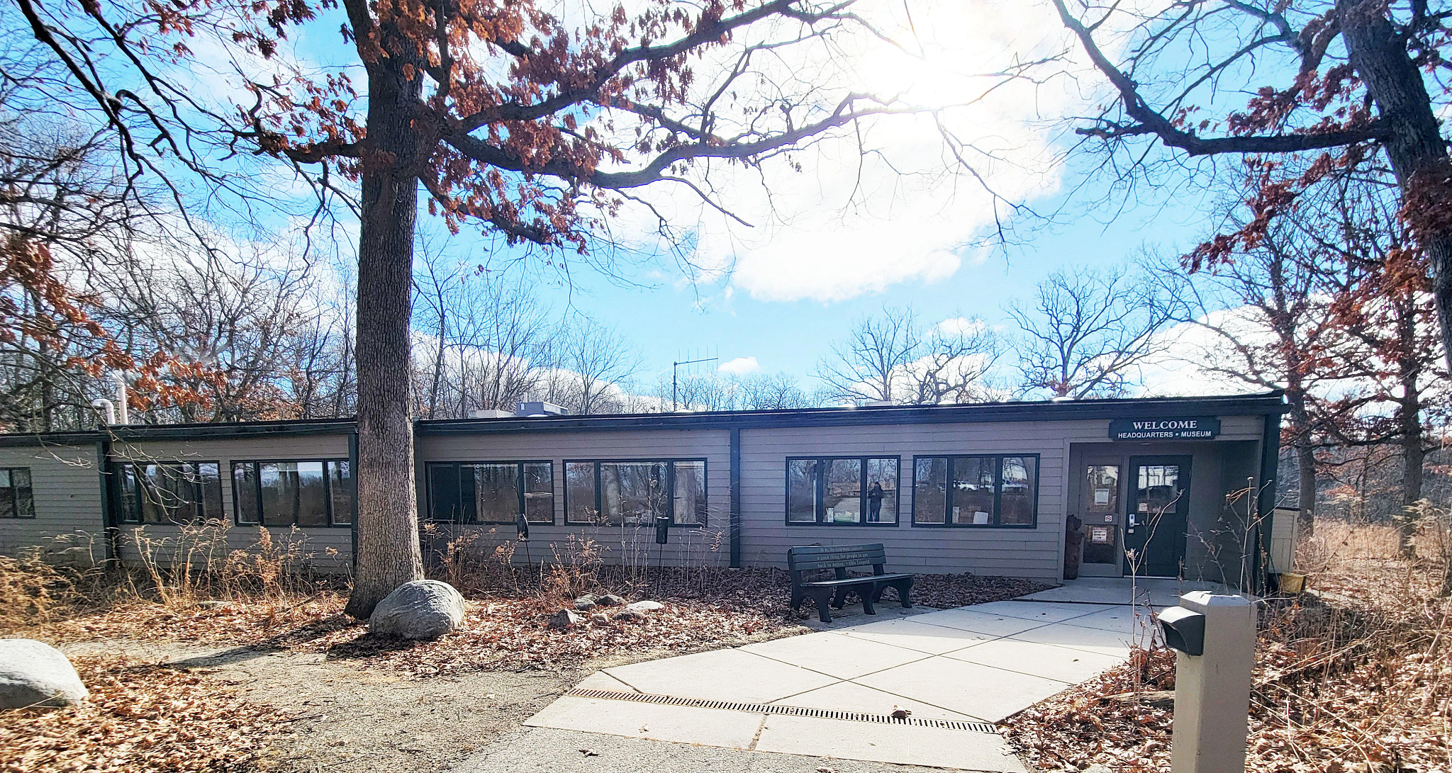 exterior of the forest headquarters building in fall.