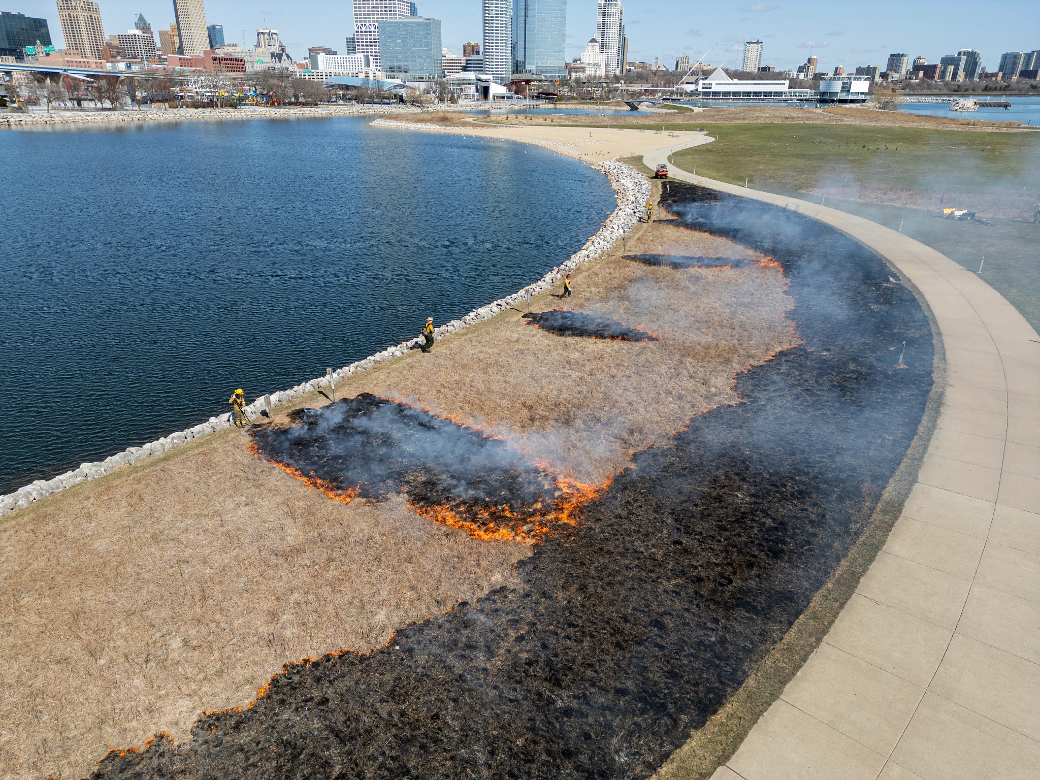 The shoreline at Lakeshore State Park, showing a prescribed burn. 