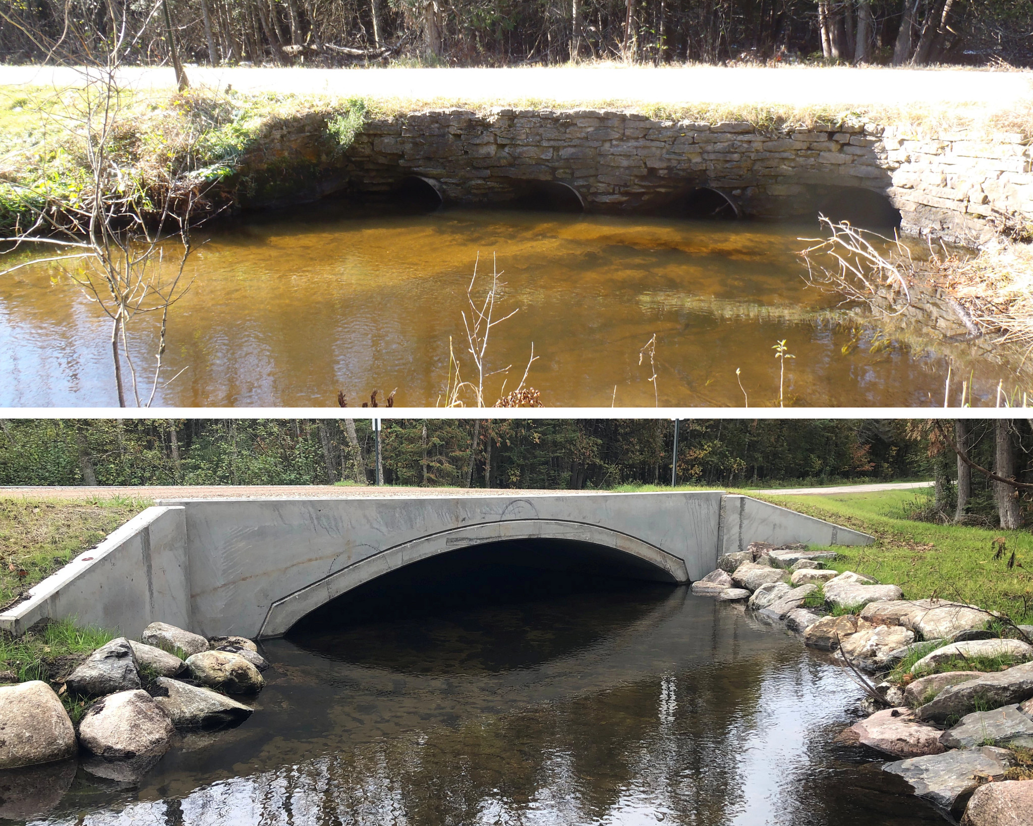 Before (top) and after (bottom) photos of the road/stream crossing on the North Branch Beaver Creek that was completed using Surface Water Grant funding. 