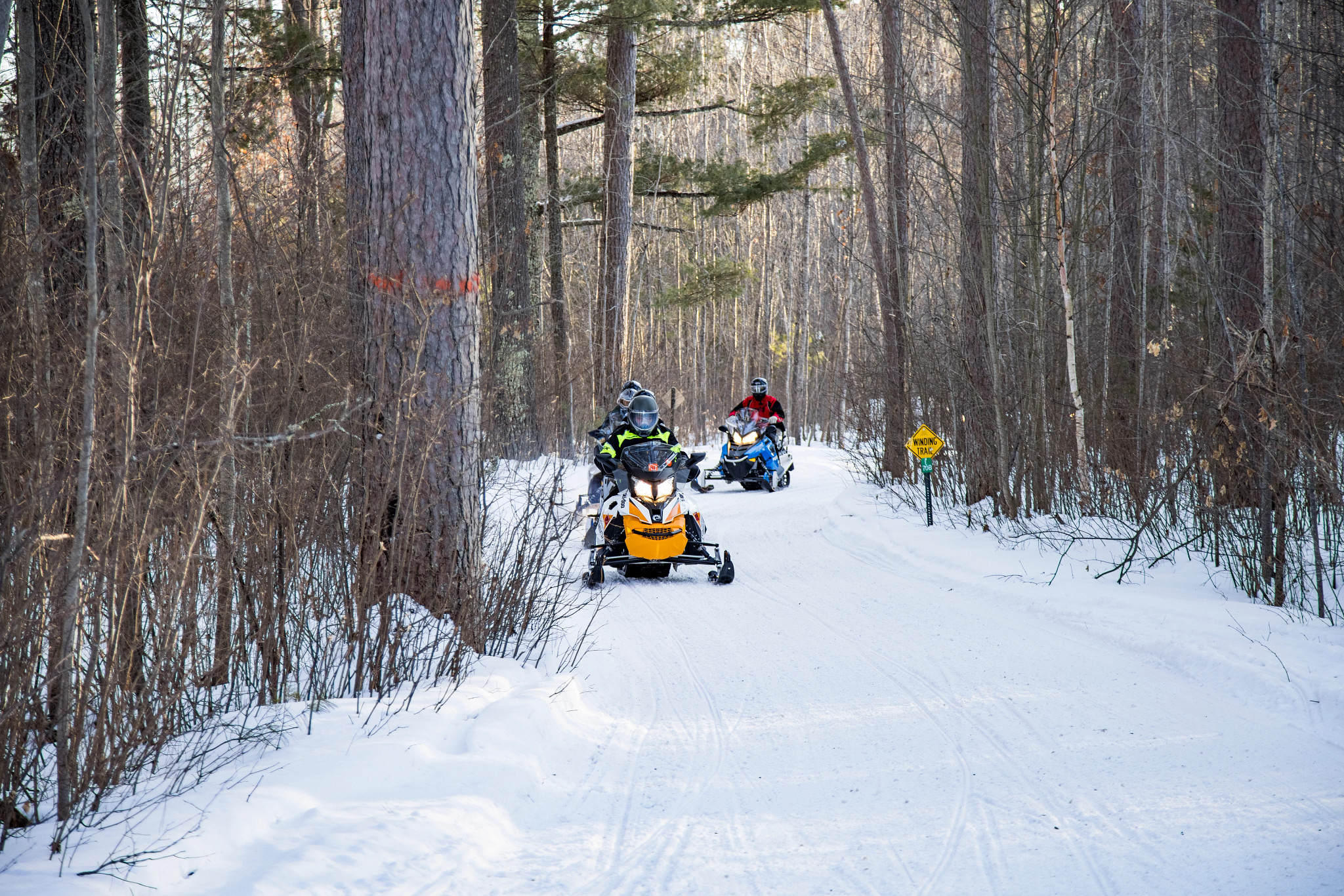friends snowmobiling on snowy path through woods