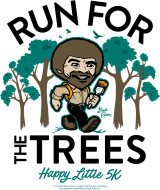 cartoon of bob ross with text that says happy little 5k 