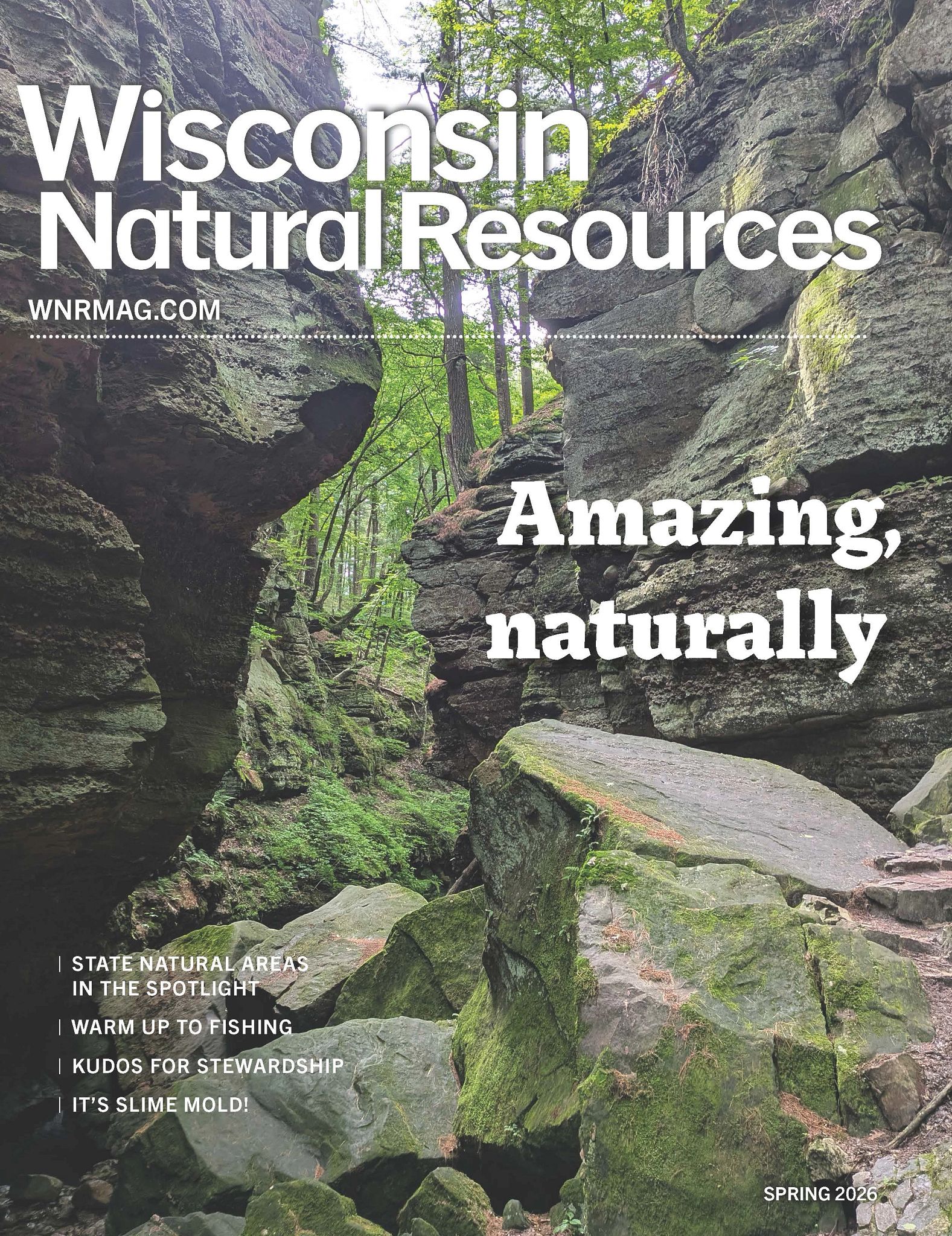 Cover of "Wisconsin Natural Resources" magazine, Spring 2026 issue. Features a rocky forest landscape with large boulders and lush greenery. Text on the cover highlights topics like state natural areas, fishing, stewardship, and slime mold.