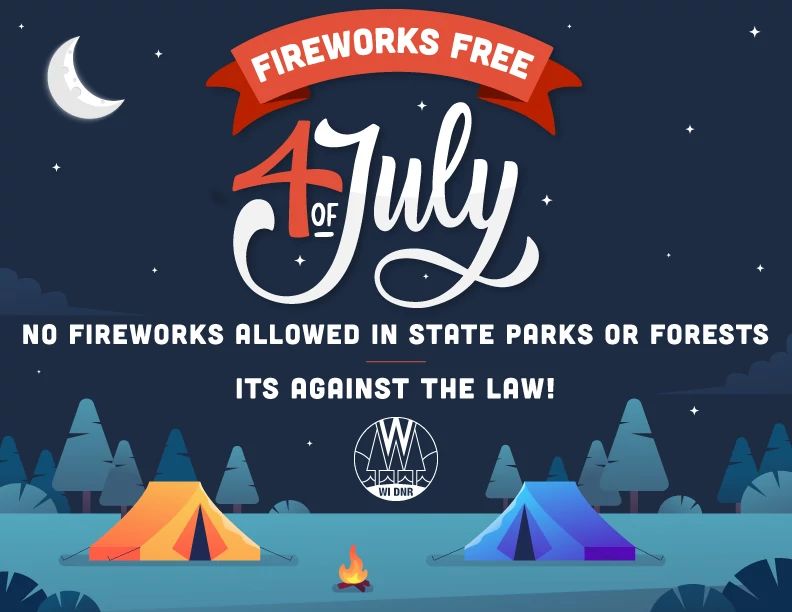 A graphic reminding people that fireworks are prohibited on DNR-managed parks and forests.