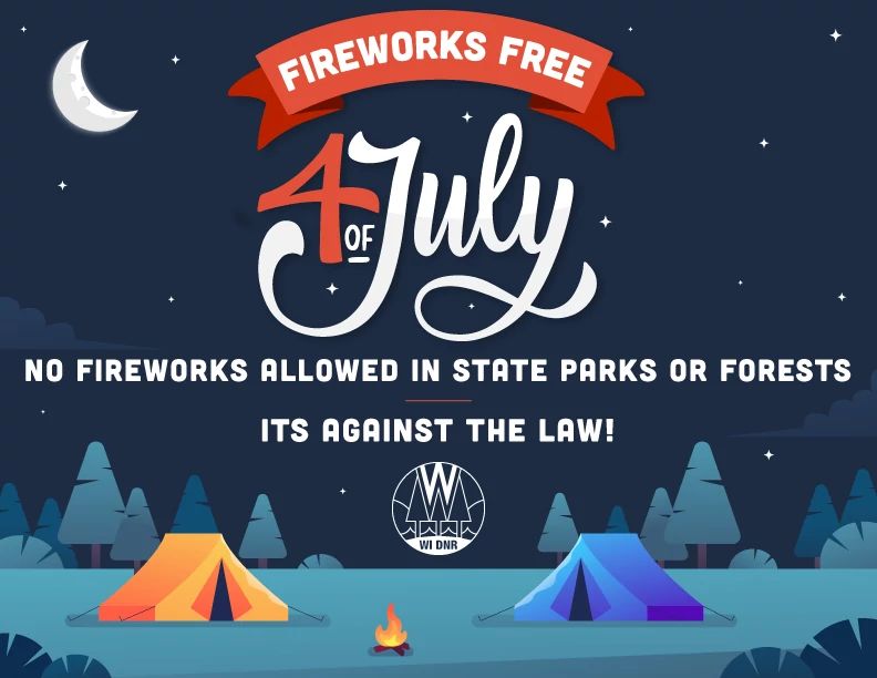 A graphic reminding people that fireworks are prohibited on DNR-managed parks and forests. 