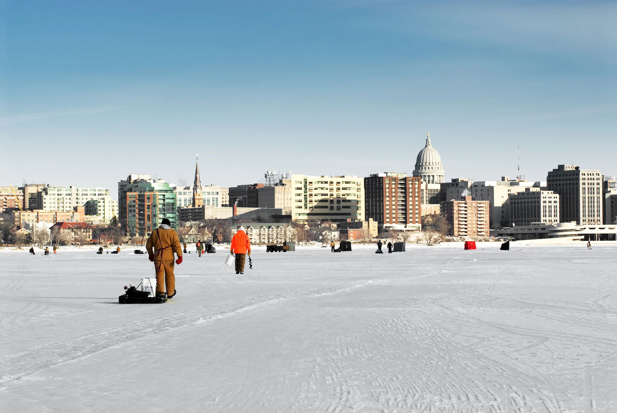 An image of anglers on the ice in Madison, Wisconsin.
