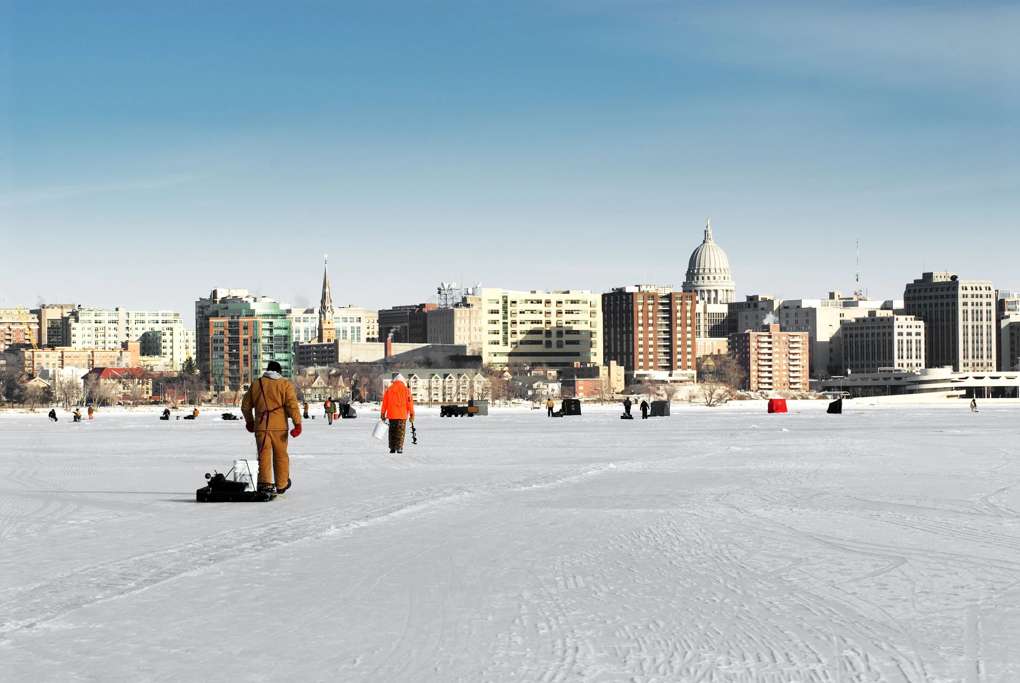 An image of anglers on the ice in Madison, Wisconsin. 