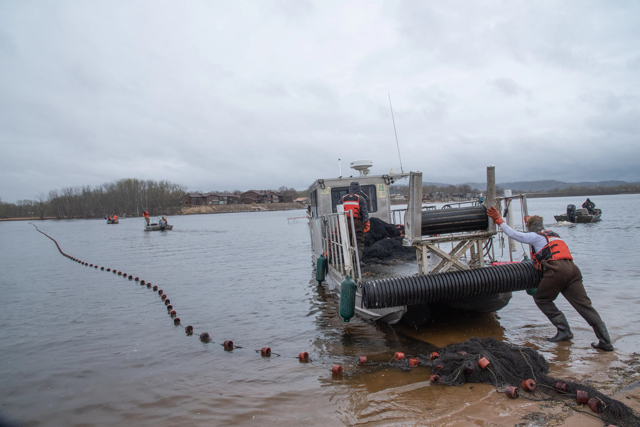 men pushing fishing boat into mississippi river to catch invasive carp