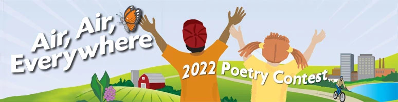 an image of two children with their hands in the air with text reading "Air, Air, Everywhere 2022 Poetry Contest"