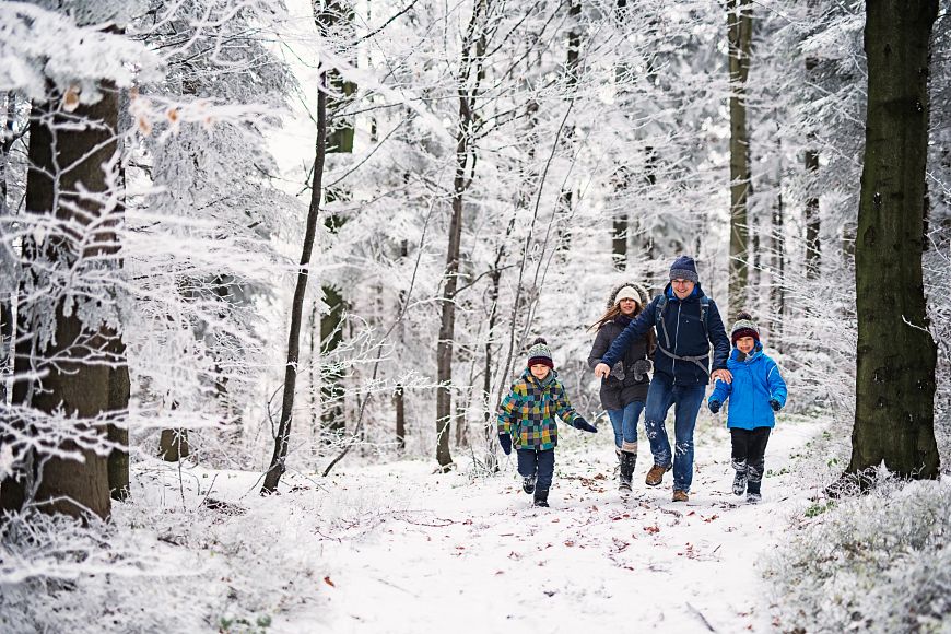 A family running through a beautiful, snow covered winter forest.