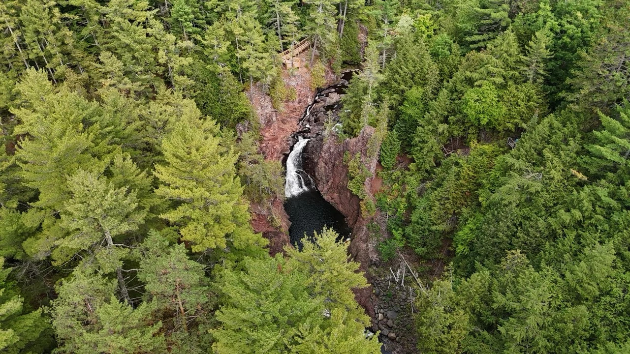 An aerial view of a waterfall at Copper Falls State Park